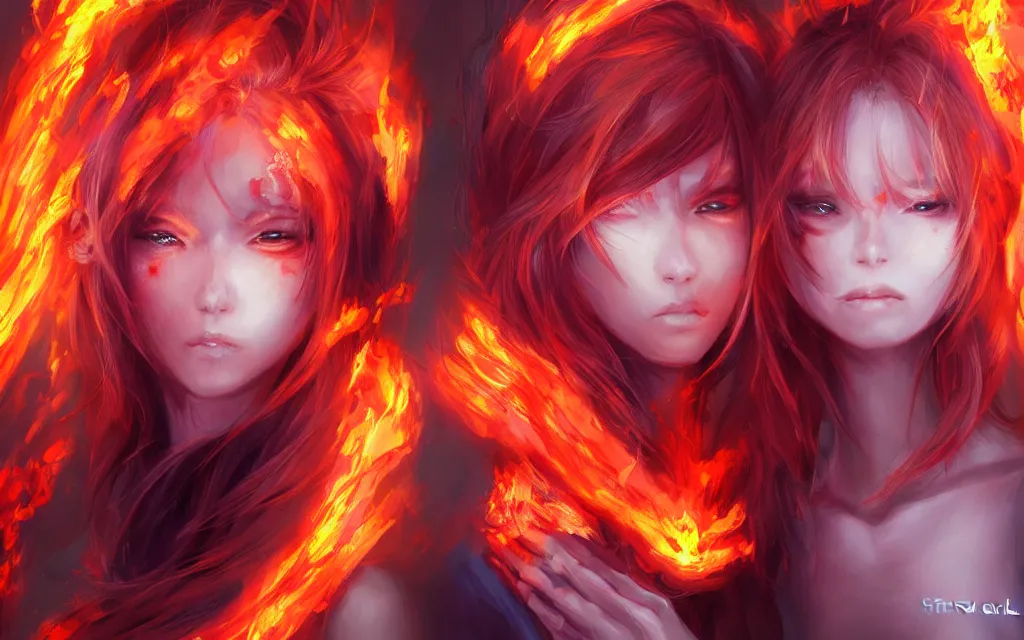 Image similar to A realistic anime portrait of a beautiful fire spirit twins with glowing red eyes and firey skin wearing clothes made of flames, digital painting, by Stanley Artgerm Lau, Sakimichan, WLOP and Rossdraws, digtial painting, trending on ArtStation, SFW version