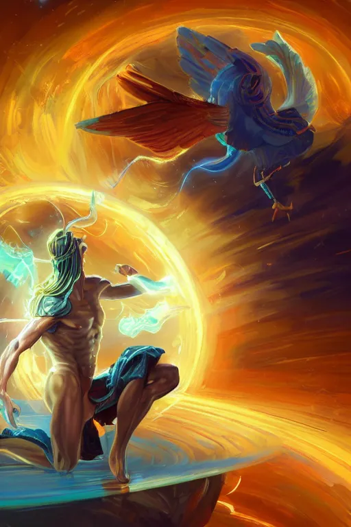 Image similar to highly detailed, dynamic pose, the handsome greek god hermes, wearing winged helmet, giving a glowing laptop computer to humanity, clouds of glowing binary code, digital painting bioluminance alena aenami artworks in 4 k design by lois van baarle by sung choi by john kirby artgerm style pascal blanche and magali villeneuve