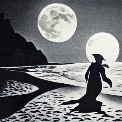 Prompt: nosferatu ( count orlok ) sunbathing at the beach at night time, full moon