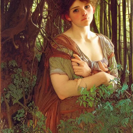 Image similar to a detailed, beautiful portrait oil painting of a girl who looks an 1 8 - year - old actress, with a surprised expression in an ancient forest, by donato giancola, alphonse mucha, and john williams waterhouse