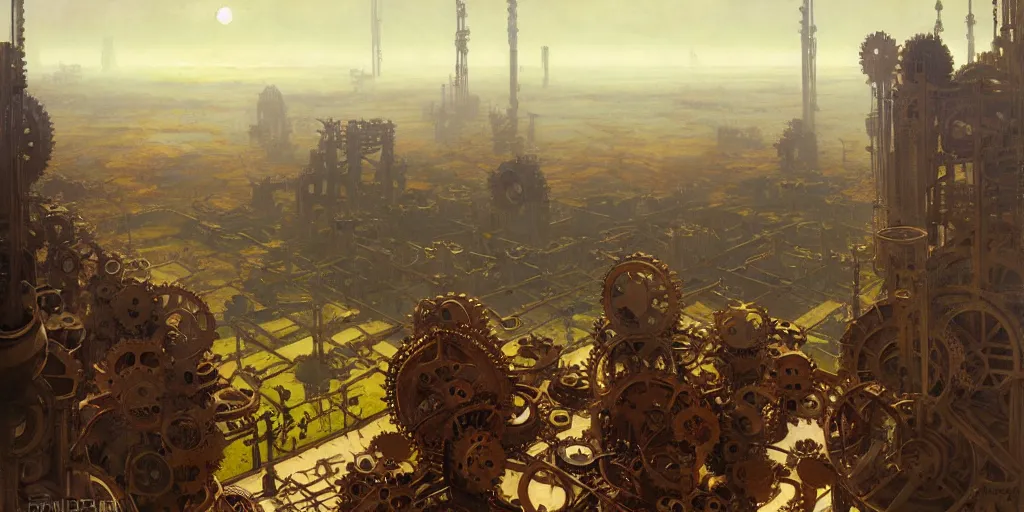 Image similar to giant interlocked gears cogs floating in the sky no people clockwork, giant mechanisms, industry, villages castles, buildings vista artstation illustration sharp focus sunlit vista painted by ruan jia raymond swanland lawrence alma tadema zdzislaw beksinski norman rockwell tom lovell alex malveda greg staples