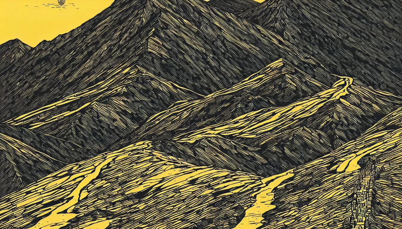 Image similar to mountain trail by dan mumford and peter doig and edward hopper, symmetrical, minimal, black ink, thick lines highly detailed, muted colours 8 k