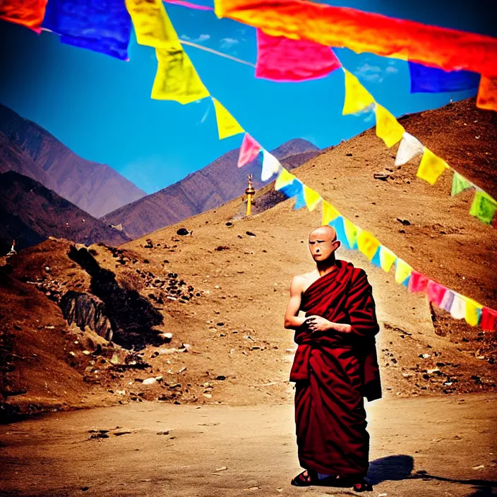 Prompt: portrait fashion editorial of buddhist monk, nepal monastery, mountain, landscape, prayer flags, vibrant colors, photography, very beautiful, highly detailed, intricate