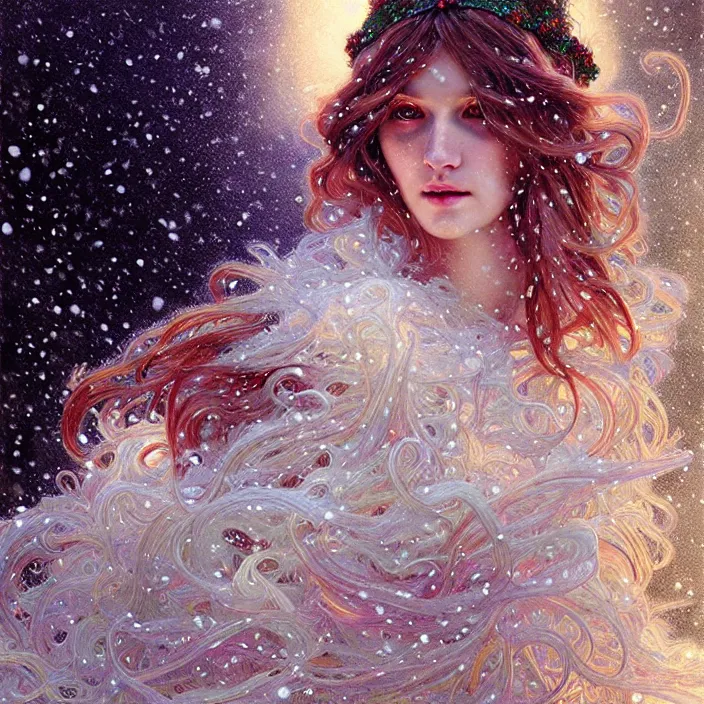 Prompt: psychedelic snowfall Spirit of Christmas, diffuse lighting, fantasy, intricate, elegant, highly detailed, lifelike, photorealistic, digital painting, artstation, illustration, concept art, smooth, sharp focus, art by John Collier and Albert Aublet and Krenz Cushart and Artem Demura and Alphonse Mucha