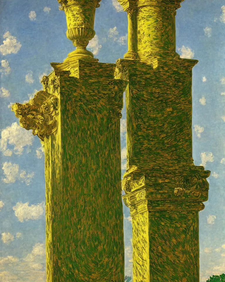 Prompt: achingly beautiful painting of intricate ancient roman corinthian capital on green and gold background by rene magritte, monet, and turner. giovanni battista piranesi.