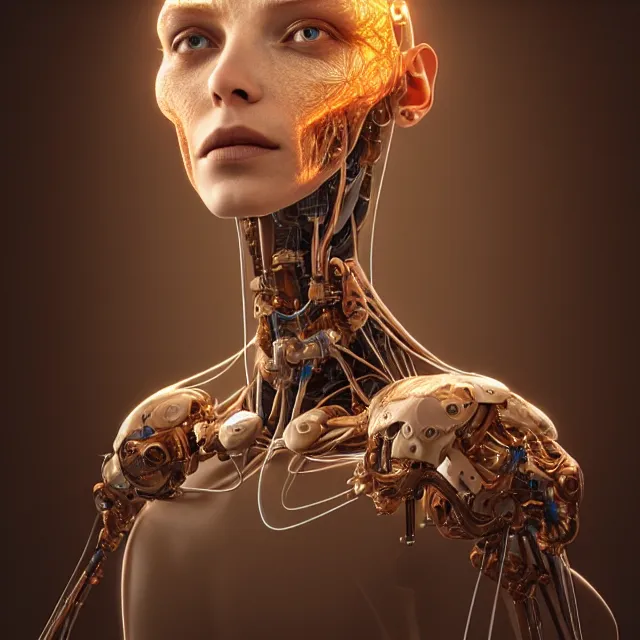 Image similar to biorobot with realistic human skin, diffuse lighting, 8K, UHD, fantasy, intricate, elegant, highly detailed, lifelike, futuresynth, artstation, realism, concept art, smooth, sharp focus, art by Alexander Jansson and Agnes Lawrence Pelton and Anna Dittmann