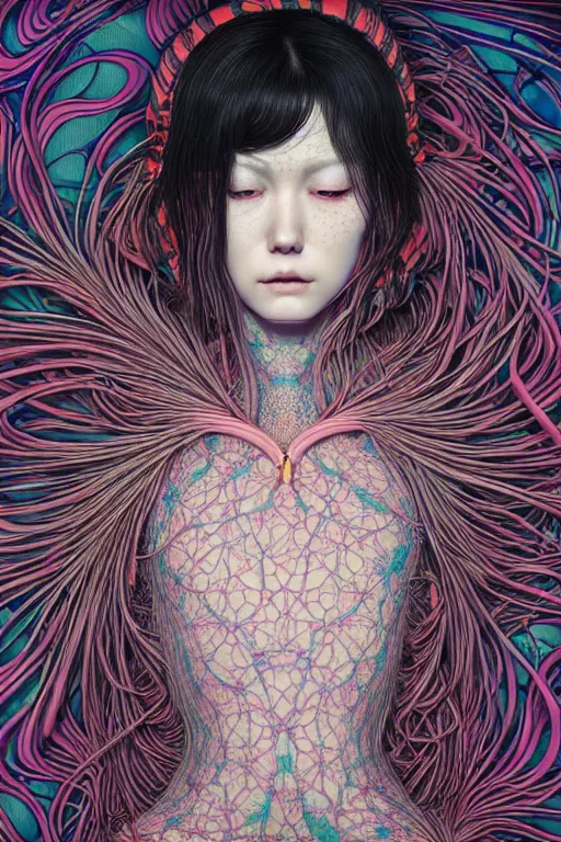 Prompt: realistic detailed image of a woman in a stray jacket laying in a padded room, conjuring psychedelic background, part by takato yamamoto, part by alex gray, ross tran, james jean, ultra realistic, octane render, highly detailed, very cohesive, 8 k, trending on artstation, cosmic, masterpiece