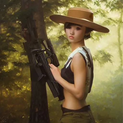 Image similar to oil painting by ilya kuvshinov,, chad knight, artgerm craig mullins, coby whitmore, of a youthful japanese girl, long hair, hunter's outfit, hunter's hat,, holding a rifle highly detailed, breathtaking face, studio photography, noon, intense bounced light, water reflection, large tree casting shadow, serine intense sunlight