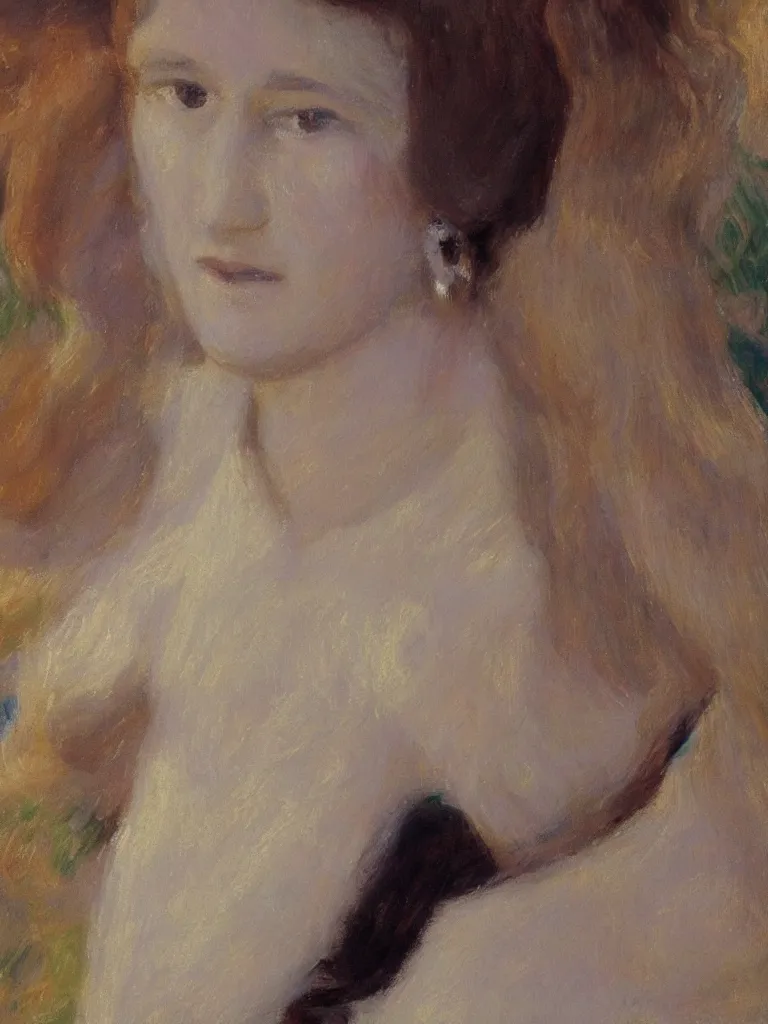 Prompt: portrait of < zelda fitzgerald > as a beautiful young lady, blurry face, fair, slim, fair, severe out of focus, depth of field, pleinairism, in the sun, backlit, closeup, oil on canvas, atr by monet, in the style of le promenade, smooth, impressionnisme, 8 k