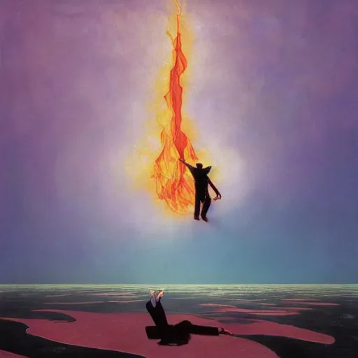 Image similar to a man on fire and a girl on ice, pink floyd album cover, 1 9 7 0's, by storm elvin thorgerson, moebius, craig mullins, beksinski, bruegel, greg rutkowski, alphonse mucha, and yoshitaka amano, colorful flat surreal design, hd, 8 k, artstation