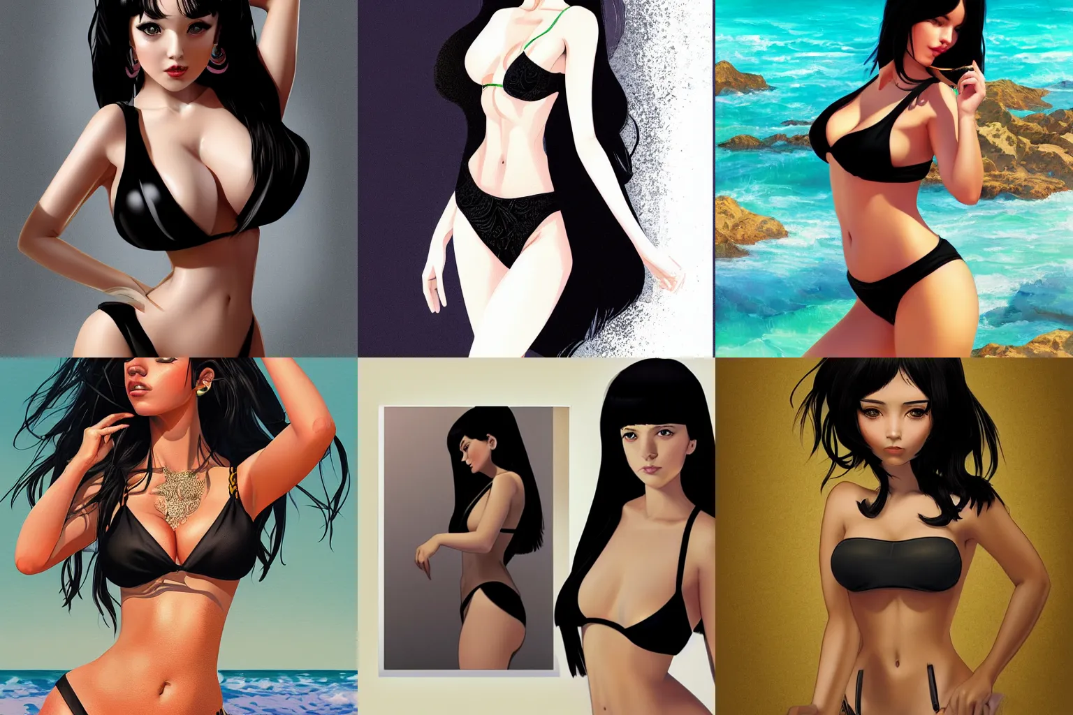 Prompt: a full body portrait of a black haired cute model wearing a bikini, digital art, intricate, deviantart, trending, masterpiece, highly detailed by ilya kuvshinov and steve henderson