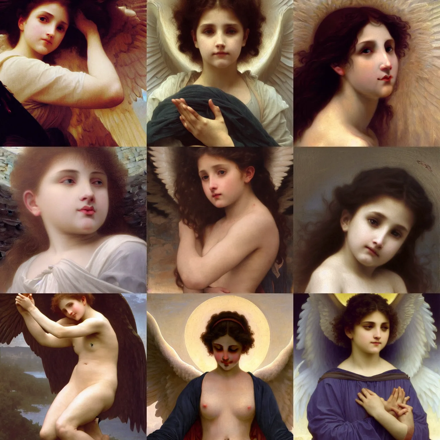 Prompt: The last angel witnessing the end of heaven, by William-Adolphe Bouguereau, face close up, official media, beautiful, detailed, high quality, 4K, epic, trending on artstation and behance