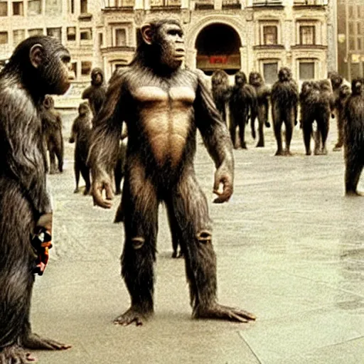 Image similar to still of planet of the apes 1 9 6 8, in cibeles, madrid city