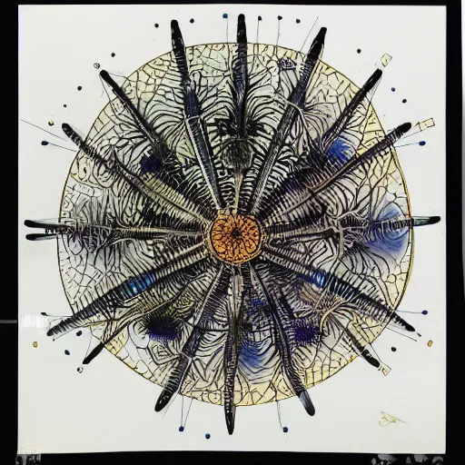 Image similar to diagram of interdimensional dendrite in non - eucledian space by ernst haeckel and geoff darrow, asymmetrical, black background, ink and watercolor