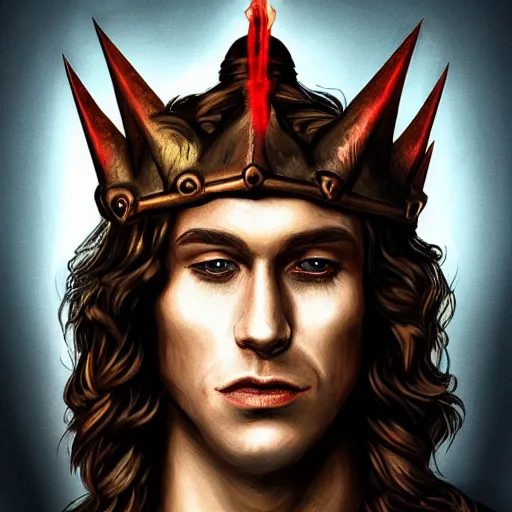 Image similar to demonic portrait of a handsome gorgeous satanic dirty brown haired hippie that looks like cody fern with a straw jawline with long hair past his chest and blue eyes as the human prince of satan and lucifer, wearing a demonic giger royal crown, artstation