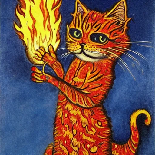 Image similar to a cat with fire in her claws, louis wain, fantasy art