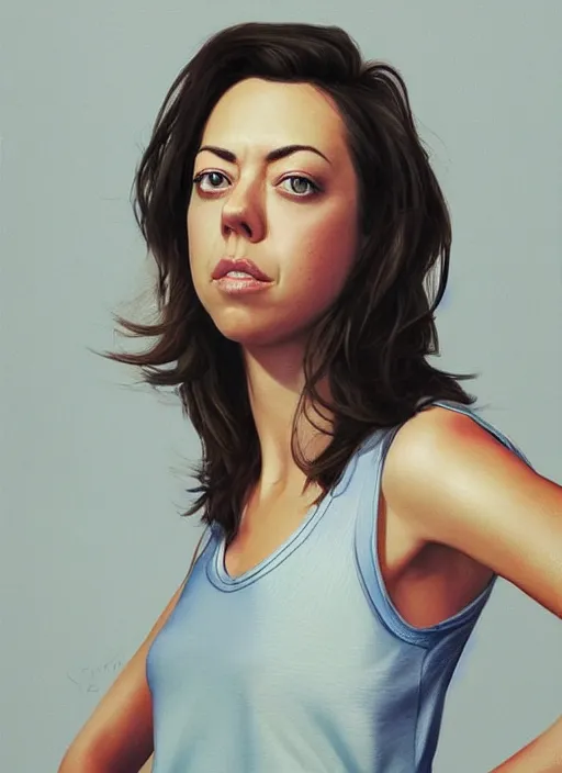 Image similar to full length photo of an similing Aubrey Plaza in a tanktop in the style of stefan kostic, not realistic, sharp focus, 8k high definition, insanely detailed, intricate, elegant, art by stanley lau and artgerm