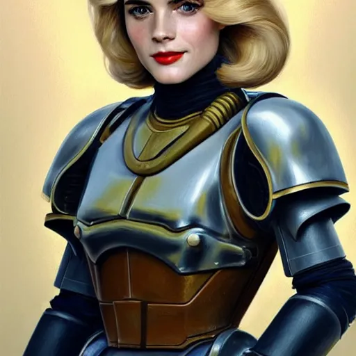 Image similar to A combination of Grace Kelly's and Emma Watson's and Ashley Greene's appearances with blonde hair wearing Power armor, full body portrait, western, D&D, fantasy, intricate, elegant, highly detailed, digital painting, artstation, concept art, matte, sharp focus, illustration, art by Donato Giancola and James Gurney