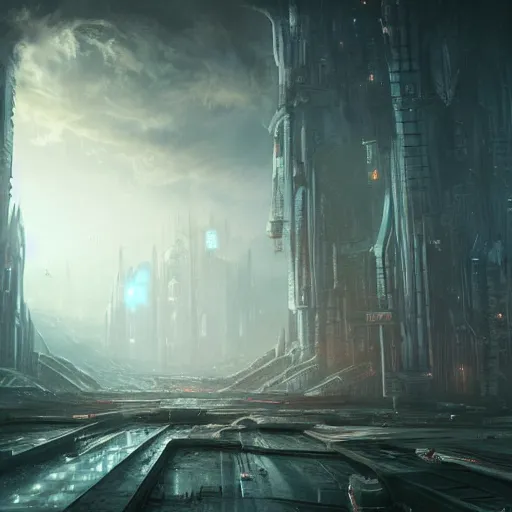 Image similar to abandoned sci-fi city volumetric mystical and dramatic realistic lighting, concept art, fantasy, matte painting, in the style of Greg Rutkowski and H.R. Giger and artemisia, highly detailed