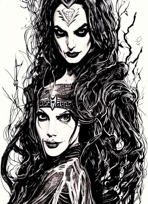 Image similar to beautiful portrait commission of a beautiful Gal Gadot as a dark wizard in a vintage gothic style. character design by ralph steadman, detailed, inked, western comic book art