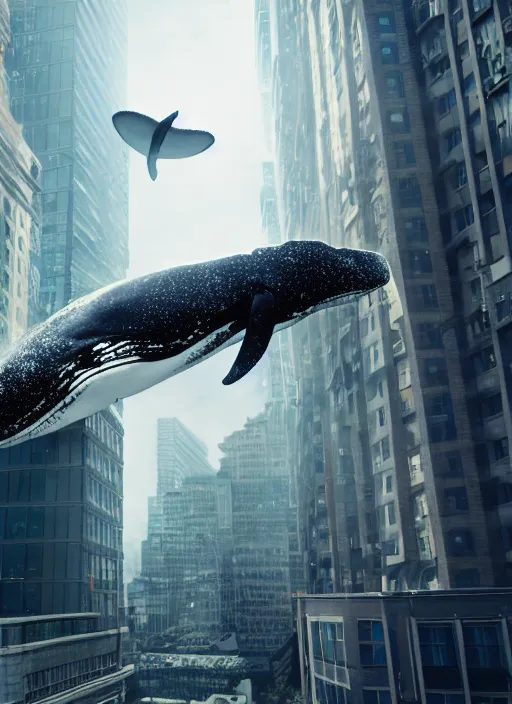 Image similar to whale flying over a building, wearing fashion clothing, id magazine, hyperrealism, detailed textures, photorealistic, 3 d city, ultra realistic, cinematic, intricate, cinematic light, unreal engine 8 k, octane render, unreal engine, david kostic, artgerm