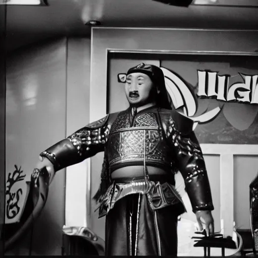 Image similar to Genghis Khan doing stand-up at The Laugh Factory, low angle, 35mm film