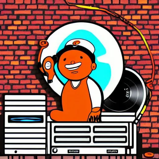 Image similar to svg sticker of a Dancing-Cleveland Brown, at a rave, spinning records, giant headphones rocking out, wearing headphones, huge speakers, dancing, rave, DJ, spinning records, digital art, amazing composition, rule-of-thirds, award-winning, trending on artstation, featured on deviantart