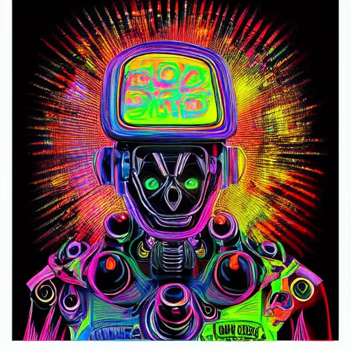 Image similar to black tshirt with a hyperdetailed portrait of a trippy diesel punk robot, 8 k, symetrical, flourescent colors, halluzinogenic, multicolored,