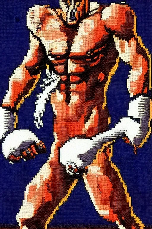 Prompt: extreme long shot. 8 bit nes graphics. hermann nitsch. antropomorphic muscular masculine wolf. kickboxer fighter, in shorts. wolf head. art from nes game cartridge,