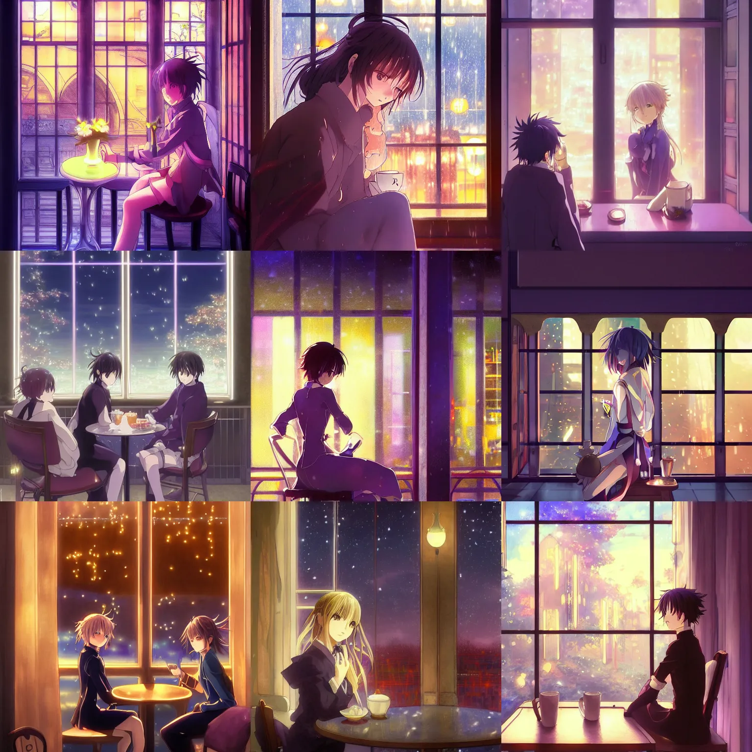 Prompt: beautiful anime painting of violet evergarden sitting in a cafe next to a window on a rainy night, outside are neon lights from a dense city, by makoto shinkai, kimi no na wa, artstation, atmospheric, high detail