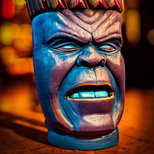 Image similar to a closeup photorealistic photograph of a glossy thanos style tiki mug sitting at a trader vic's bar featuring the face of thanos. tiki party. bright scene. fine detail. this 4 k hd image is trending on artstation, featured on behance, well - rendered, extra crisp, features intricate detail, epic composition and the style of unreal engine.