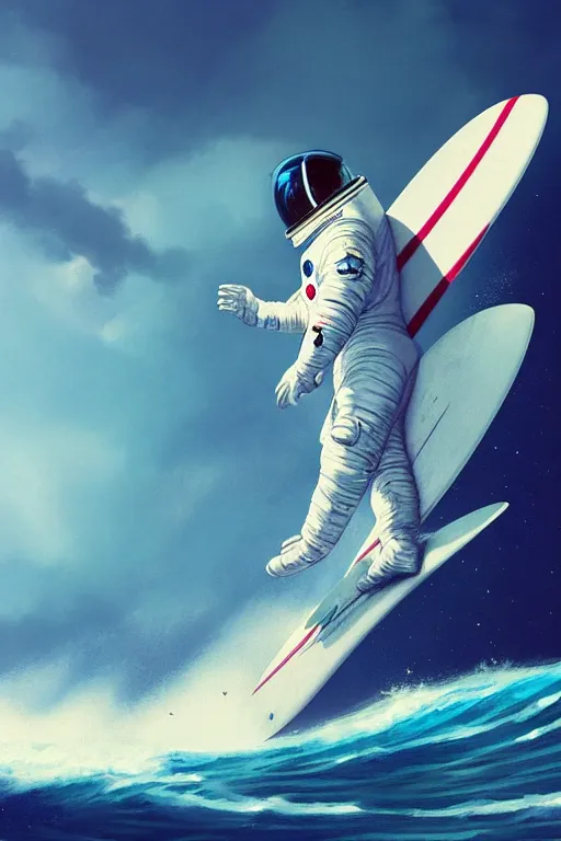 Image similar to a beautiful digital painting of an astronaut in a white space suit surfing the great wave on a surfboard by greg rutkowski, photorealistic, trending on artstation, highly detailed, intricate, unreal engine, octane render