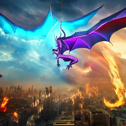 Prompt: dragon breathing rainbow fire on a city, surreal, sharp focus, digital art, epic composition, concept art, dynamic lighting, intricate, highly detailed, 8 k, unreal engine, blender render