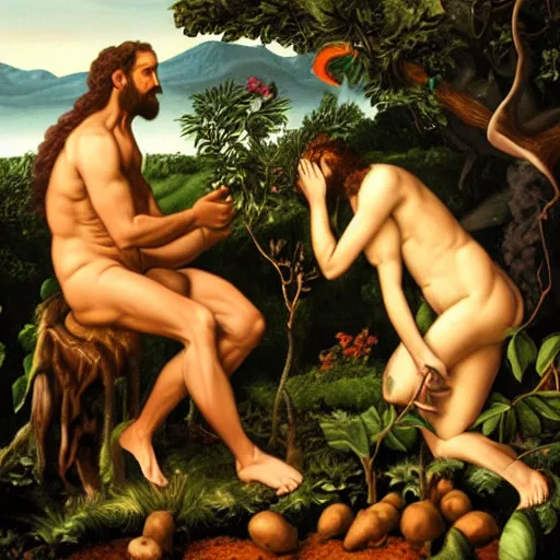 Image similar to god, contemplating adam and eve's future, in the garden of eden - photo - realistic