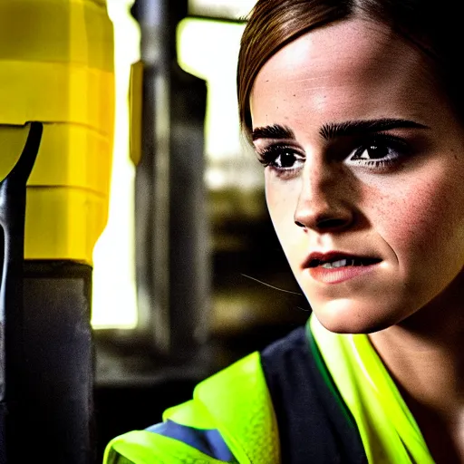 Prompt: photo, close up, emma watson in a hi vis vest, in warehouse, android cameraphone, humidity haze, 2 6 mm,