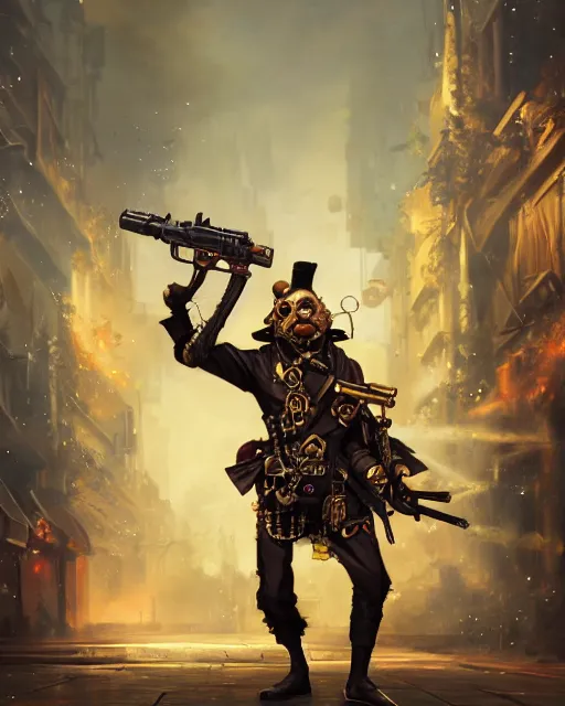 Image similar to oil painting of Anthropomorphized Monkey Sniper, holding steampunk gun, sharp focus, exploding golden steampunk city background, full body, heroic pose, fantasy style, octane render, volumetric lighting, 8k high definition, by greg rutkowski, highly detailed, trending on art Station, magic the gathering artwork, centered, dramatic artwork, combat scene