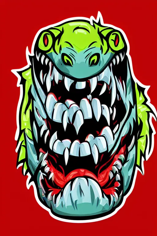 Image similar to Evil t-rex, the devil, sticker, blood thirsty, spawn of Satan, burning in hell, blood, evil, colorful, illustration, highly detailed, simple, smooth and clean vector curves, no jagged lines, vector art, smooth