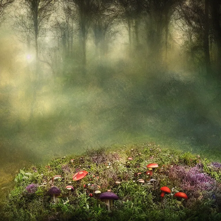 Image similar to a planet of various fungus, mushrooms, flowers and plants, inside the picture is infinity, Atmospheric, artistic photography, conceptual, long exposure outside the city, volumetric light