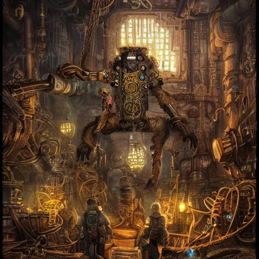 Image similar to Steampunk monkey mining for gems in a mine, concept art, insanely detailed and intricate, hypermaximalist, elegant, ornate, hyper realistic, super detailed, dark atmosphere, Art Deco, cinematic, trending on artstation, magic the gathering artwork