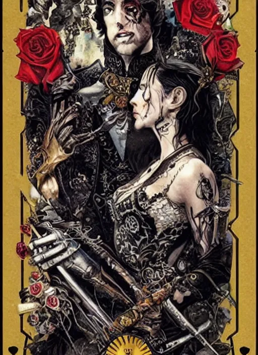 Prompt: tarot card :: horror :: vampires and draculas :: hearts and roses :: gold and silver :: guns and swords :: side profile :: highly details :: intricate details :: Sandra Chevrier and bastien lecouffe deharme