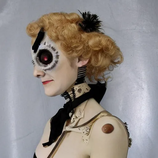 Image similar to clockwork cyborg vampire french aristocrat, powdered wig, gears, prosthetics, full - body