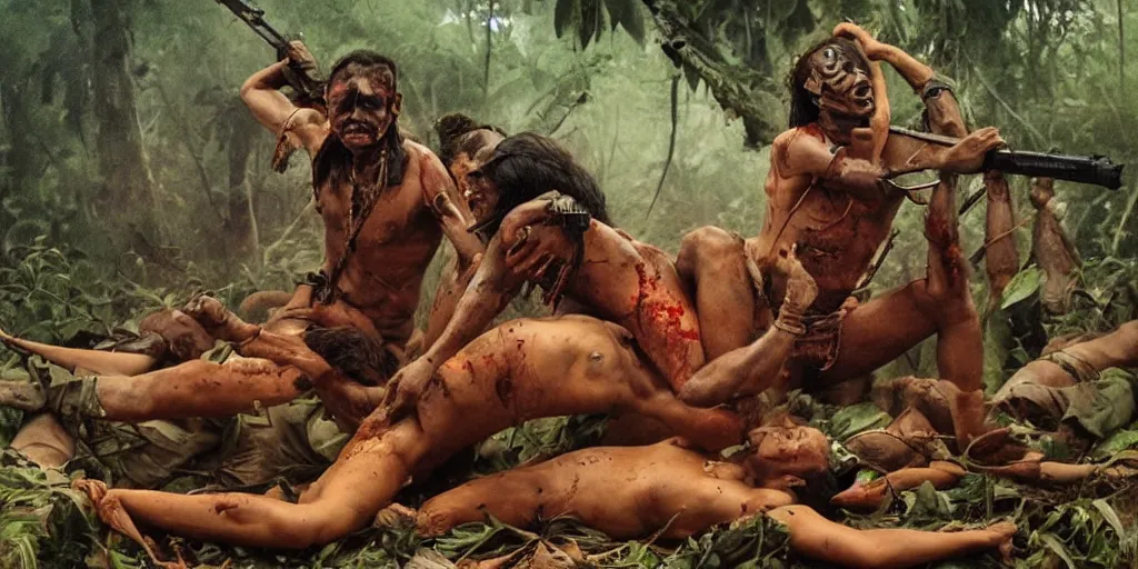 Prompt: battle in jungle, brutal Indians fight, epic camera perspective, old camera, blood, slight inspiration of Boris vallejo and apocalypto, war photography