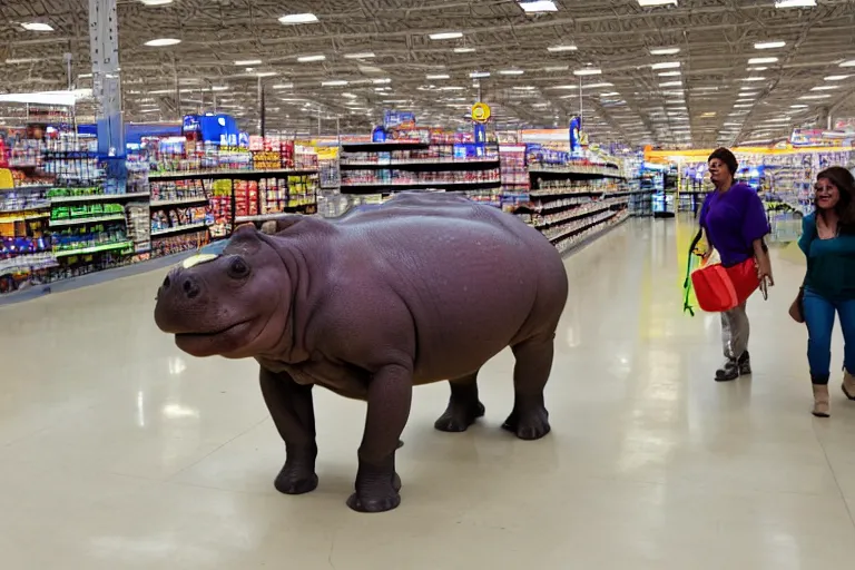 Image similar to hippopotamus walking inside walmart