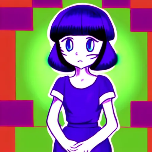 Prompt: the sprite logo personified as a cute sprite themed cartoon girl in the style of lavender town, margaret keane, large dark eyes, extremely detailed and colorful eyes.