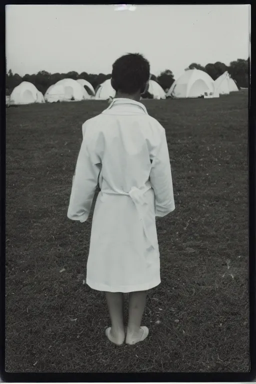 Image similar to photo polaroid of a sad and lonely child in a white coat and barefoot stands in the middle from behind the camera many big tents of field hospitals, pandemic, covid, loneliness, black and white ,photorealistic, 35mm film,