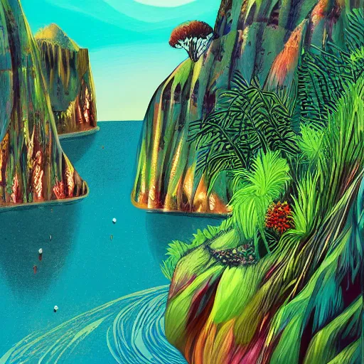 Prompt: illustration of a lush natural scene on an alien planet by djamila knopf. detailed. beautiful landscape. colourful weird vegetation. cliffs and water.