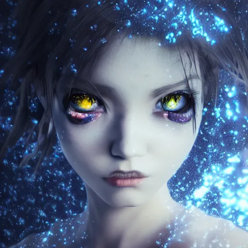 Prompt: photorealistic full body shot of masterpiece angry darkness anime girl, beautifull lovely eyes, stop with your ugly eyes!! electric aura with particles, snowing frozen ice, darkness background, inspired by tim burton, detailed, unreal engine 4 k, volumetric light, fog