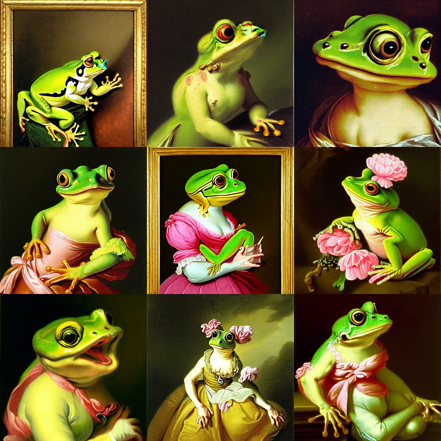 Prompt: portrait rococo painting of Princess frog by Jean‑Honoré Fragonard
