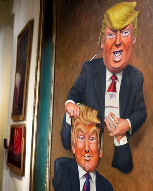 Image similar to a presidential portrait of donald trump as an oompa loompa in the style caricature artist oil painter sebastian kruger hanging on a wall at mar - a - largo