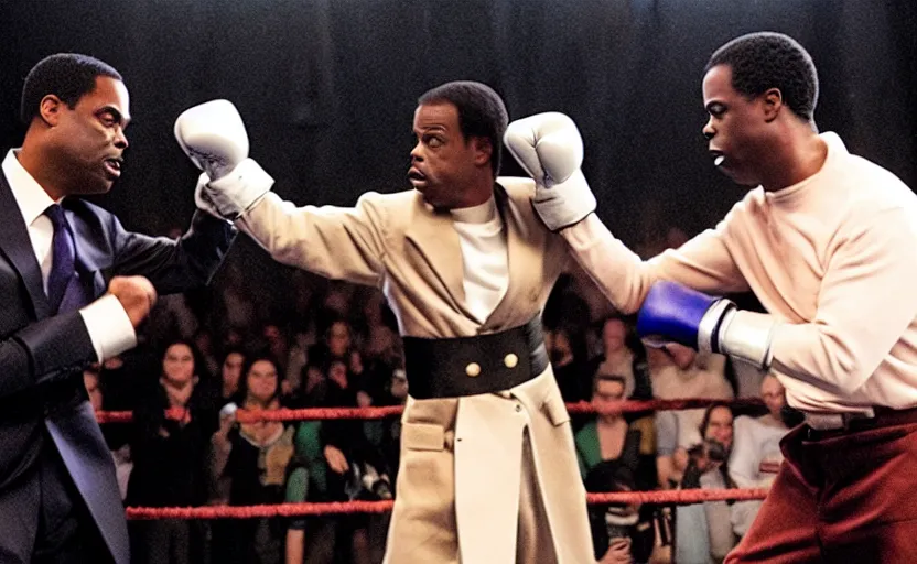 Prompt: movie still of prince of bell air punching chris rock in the face